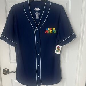 Nintendo Super Mario Navy Button-Up Shirt with Multicolor Logo